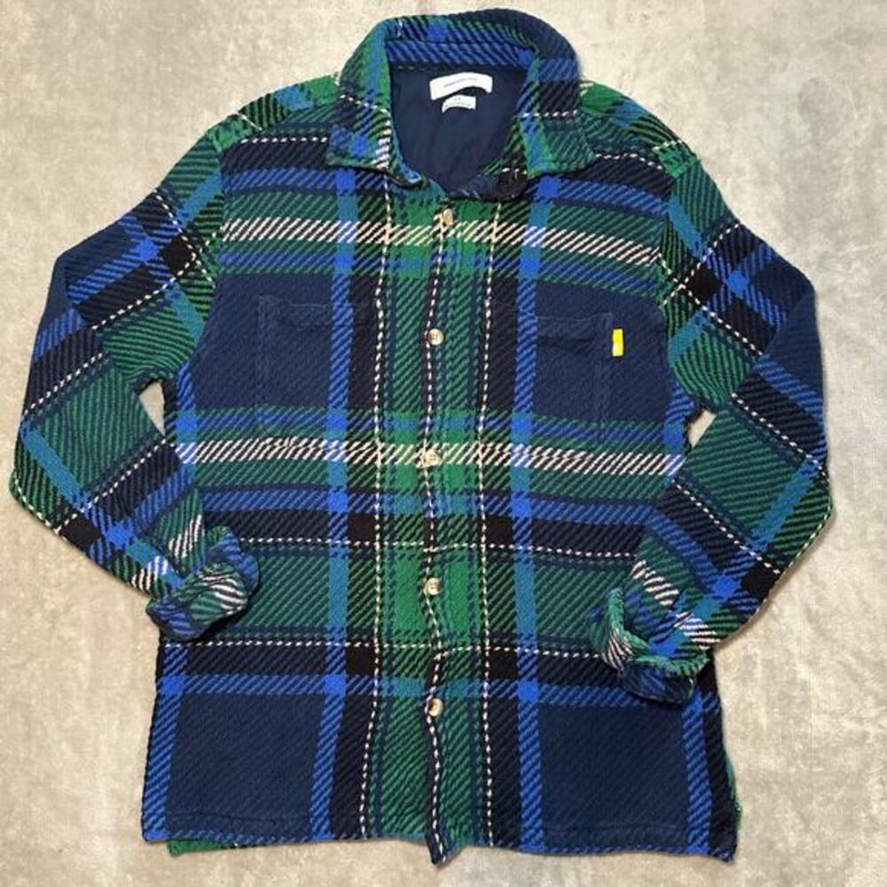 Urban Outfitters Knit Shacket Men Size S‎ Blue Green Plaid Twill Shirt Jacket